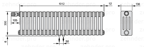 Схема (чертеж) Радиатор Zehnder Charleston 4030/22 №V007 Белый глянцевый RAL 9016
